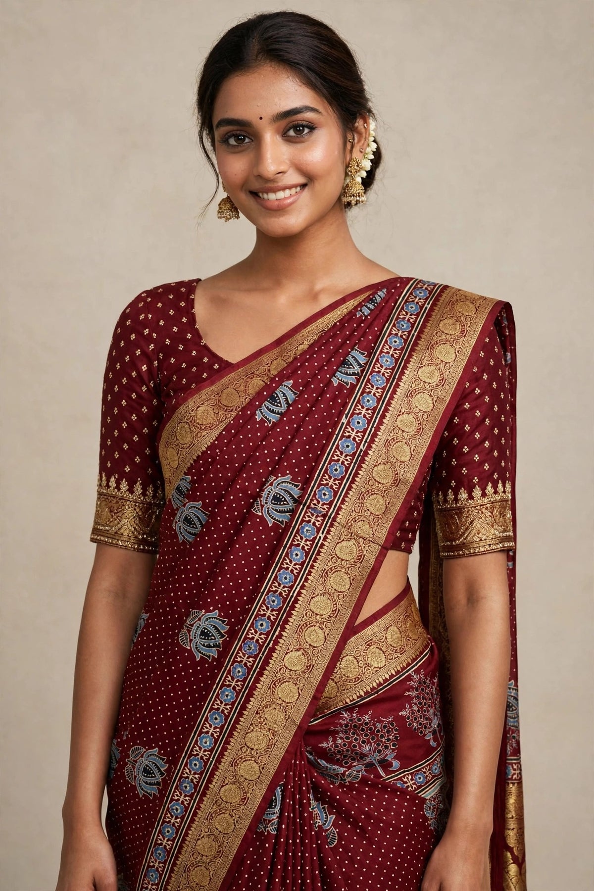 Maroon Ajrak Dola Silk Saree