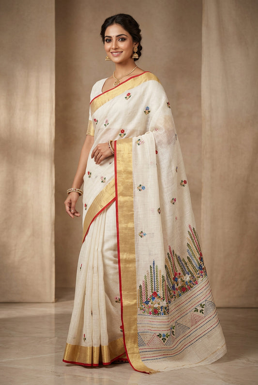 Linen Tissue Sare with Hand Embroidery