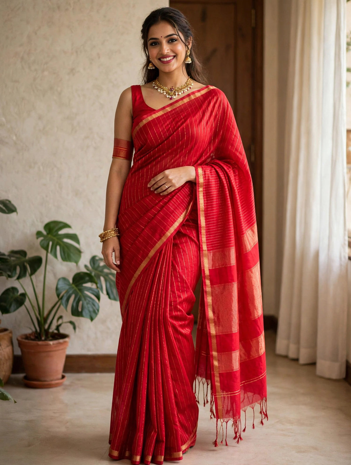 Maheshwari Red Handloom Cotton Silk Saree
