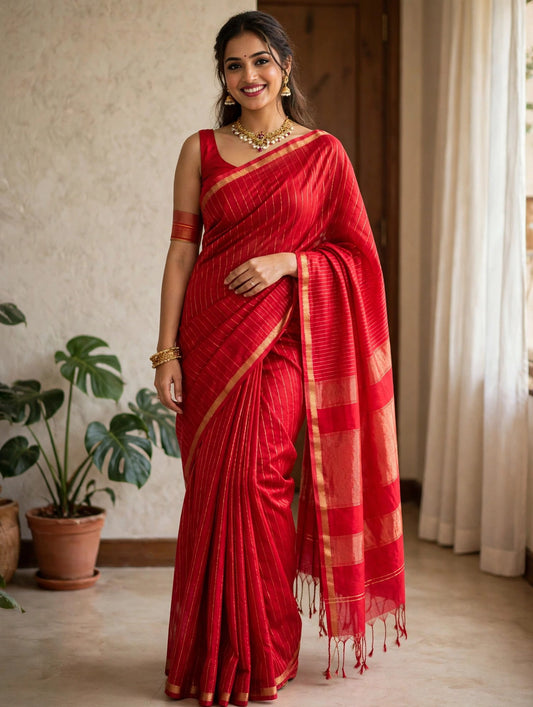 Maheshwari Red Handloom Cotton Silk Saree