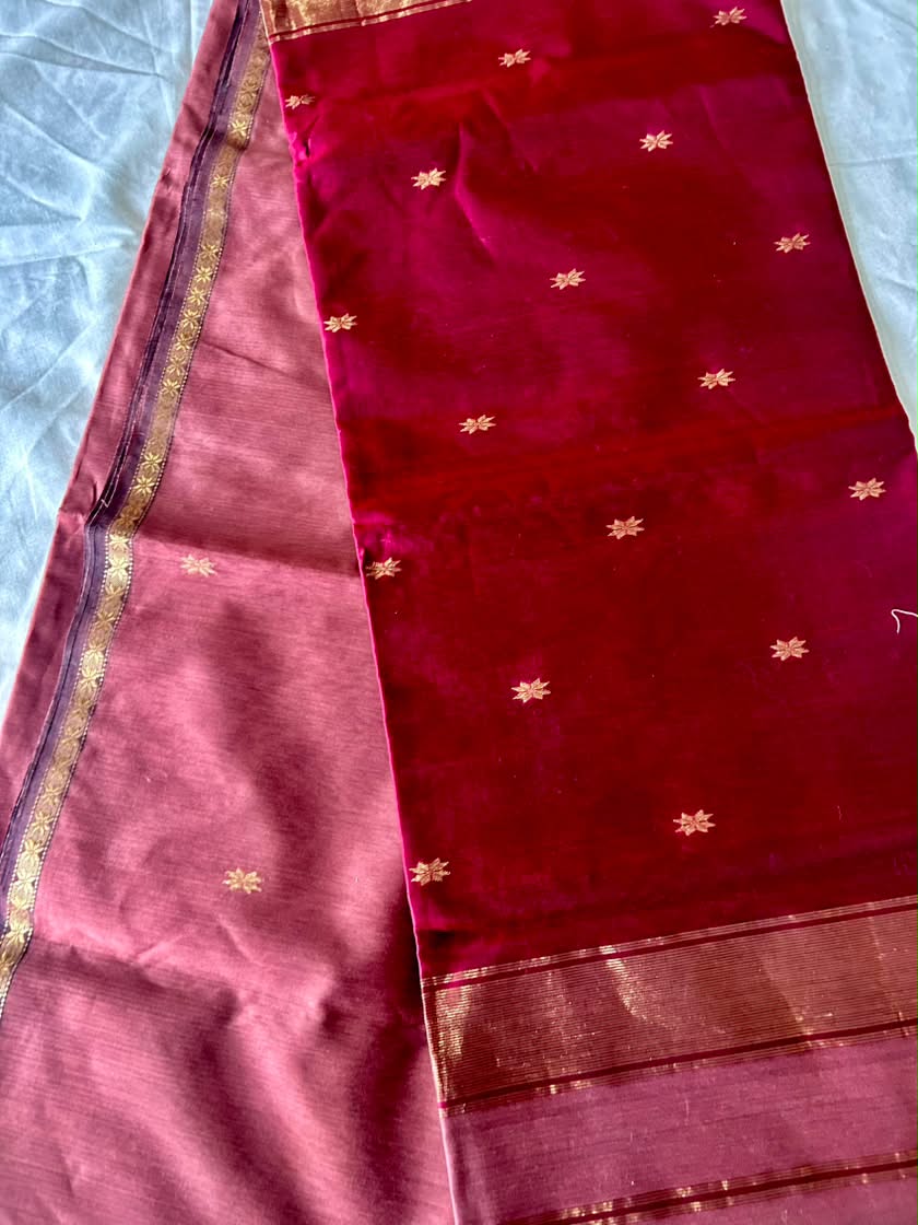 Maheshwari Cotton Silk Onion Color and Maroon  Handloom Saree