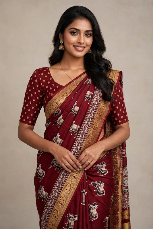 Maroon Ajrak Dola Silk Saree