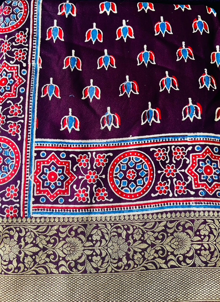 Brown Ajrak Dola Silk Saree