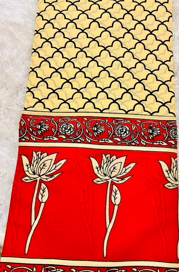 Beige and red cotton printed saree