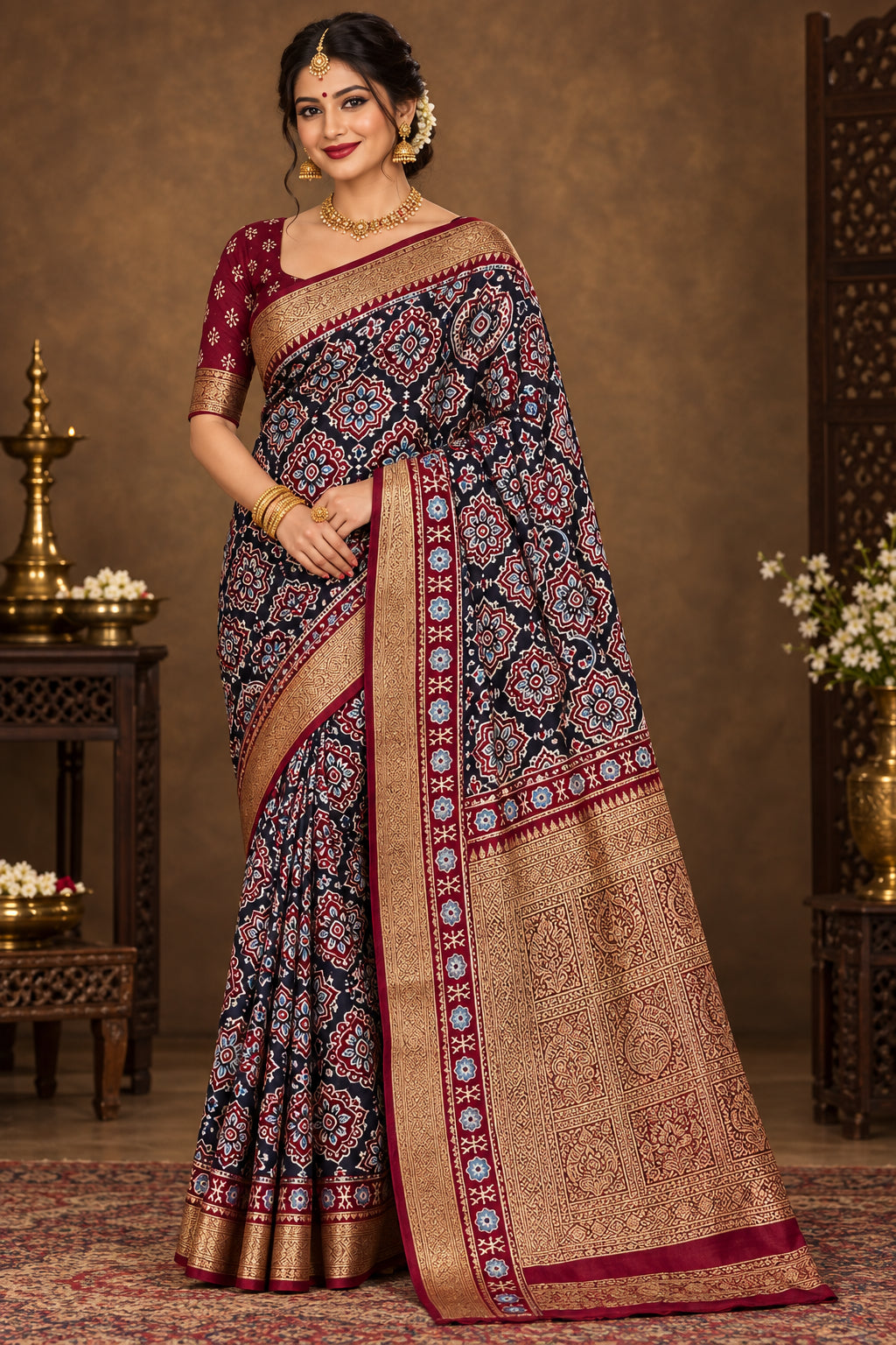 Blue Ajrak Badam buti Dola Silk Saree