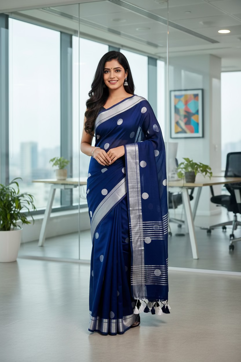 Blue mul cotton with whit polka dots saree