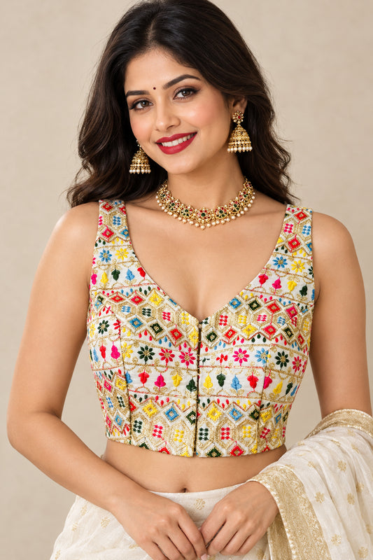 White Embroidered Side Elastic Sleeveless Blouse