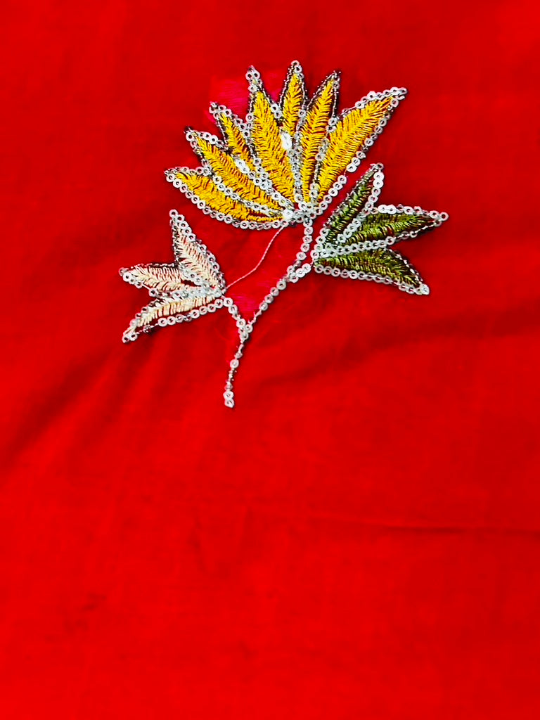 Red Mul Cotton Sare with Lotus Sequence Motive