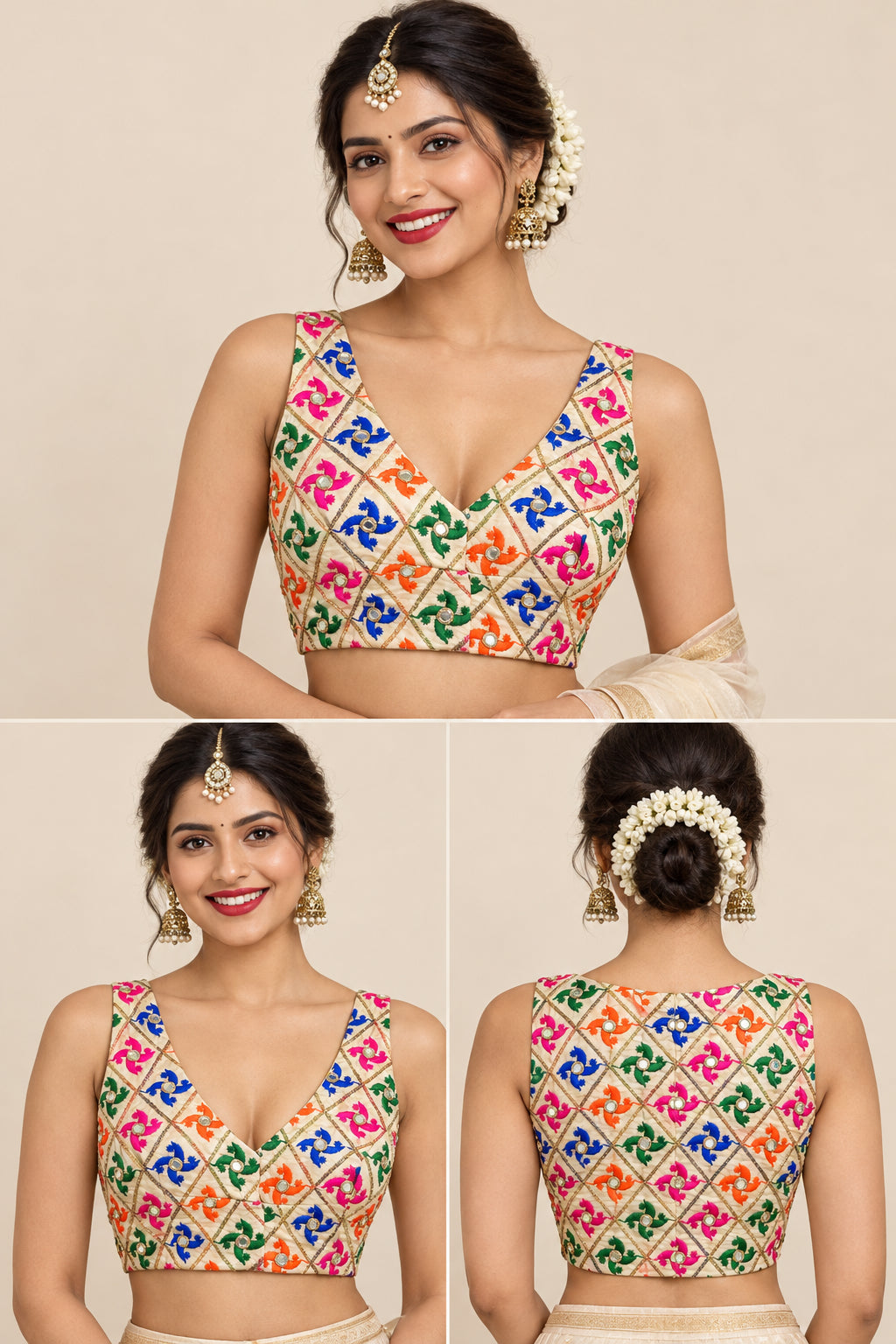 Gold Embroidered Side Elastic Sleeveless Blouse