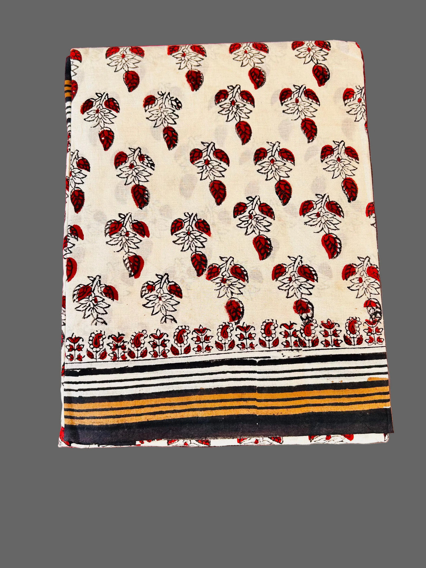 Beige small red floral printed cotton hand block printed saree
