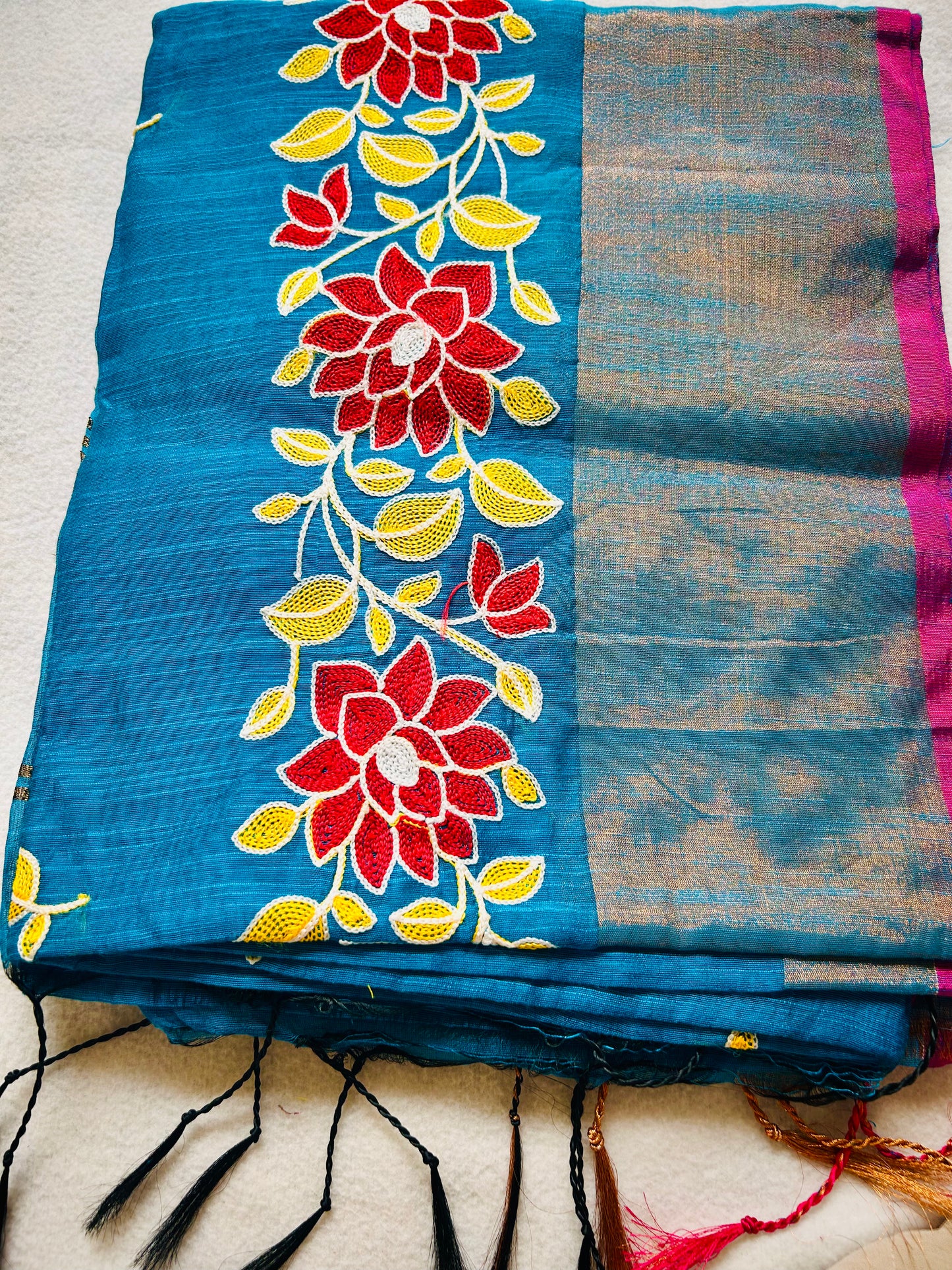 Blue Embroidered Slub Cotton Sari
