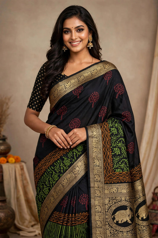Blue Ajrak Dola Silk Saree