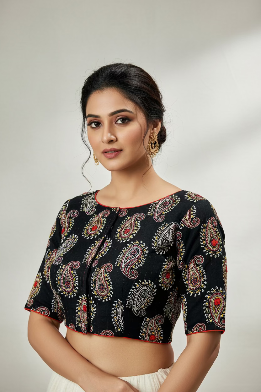 Black Cotton Katha Work Blouse