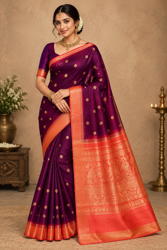 Wine Gajji Semi Silk Saree with line and buti with contrast border