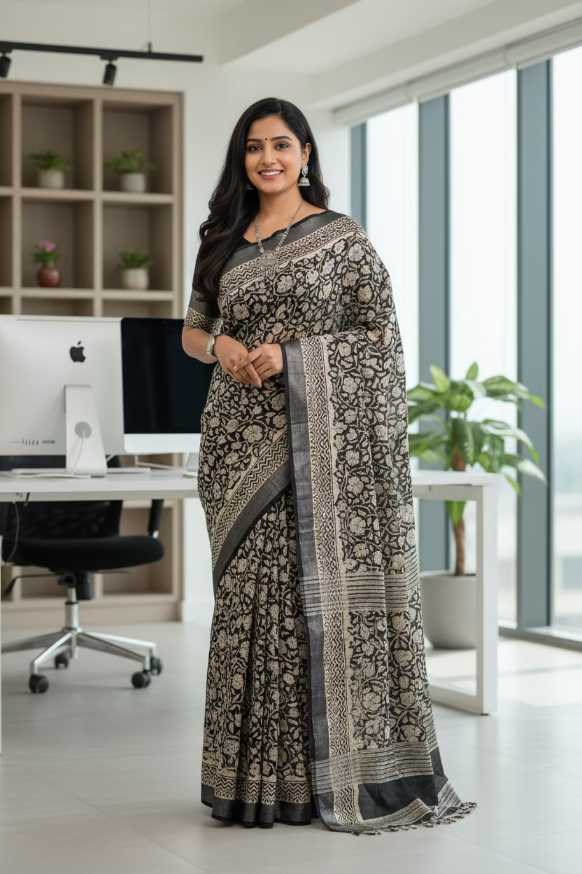 Black and beige floral print handblock printed linen saree