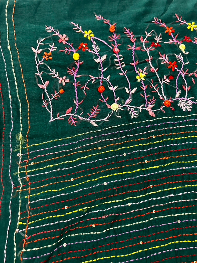 Green Mul Cotton Hand Embroidered Saree