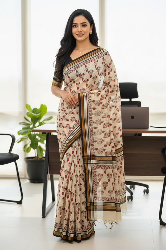 Beige small red floral printed cotton hand block printed saree