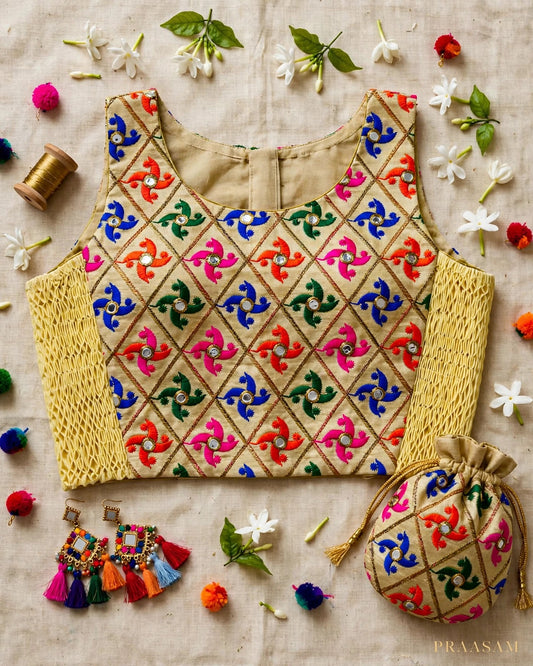 Gold Embroidered Side Elastic Sleeveless Blouse