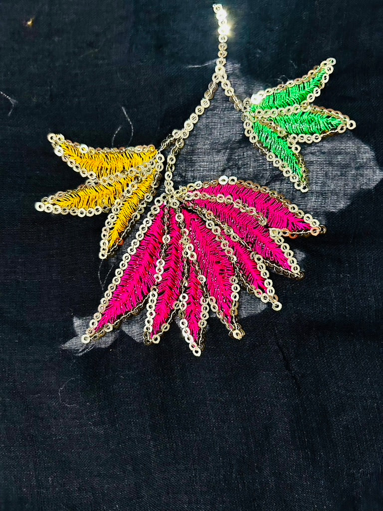 Black Mul Cotton Sare with Lotus Sequence Motive