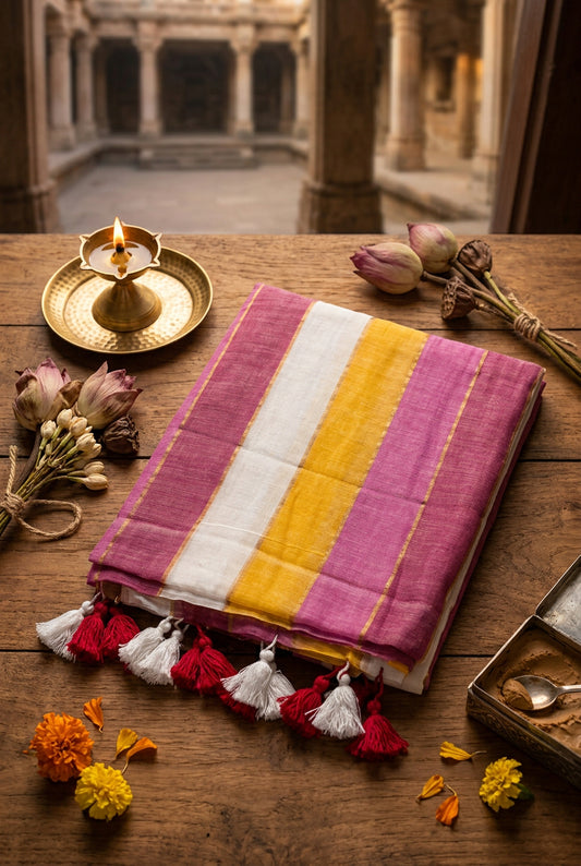 Pink Rainbow Mul Cotton  Saree