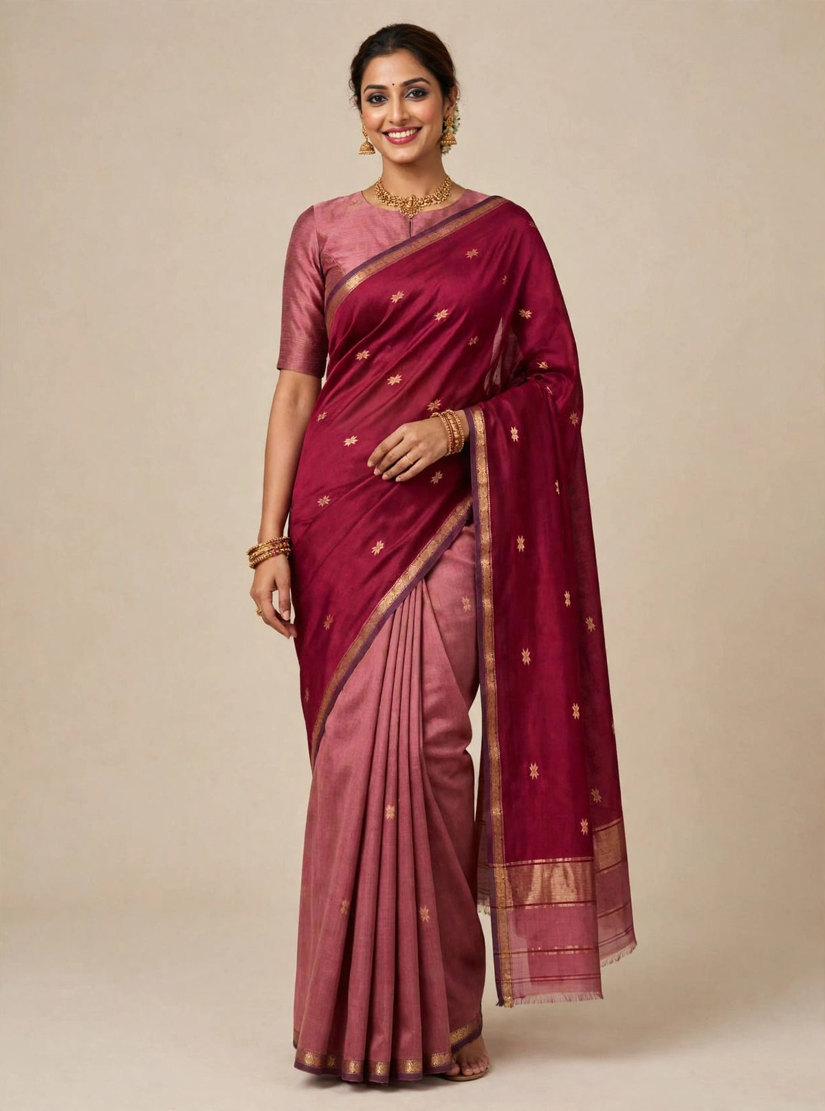 Maheshwari Cotton Silk Onion Color and Maroon  Handloom Saree