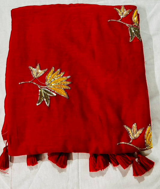 Red Mul Cotton Sare with Lotus Sequence Motive
