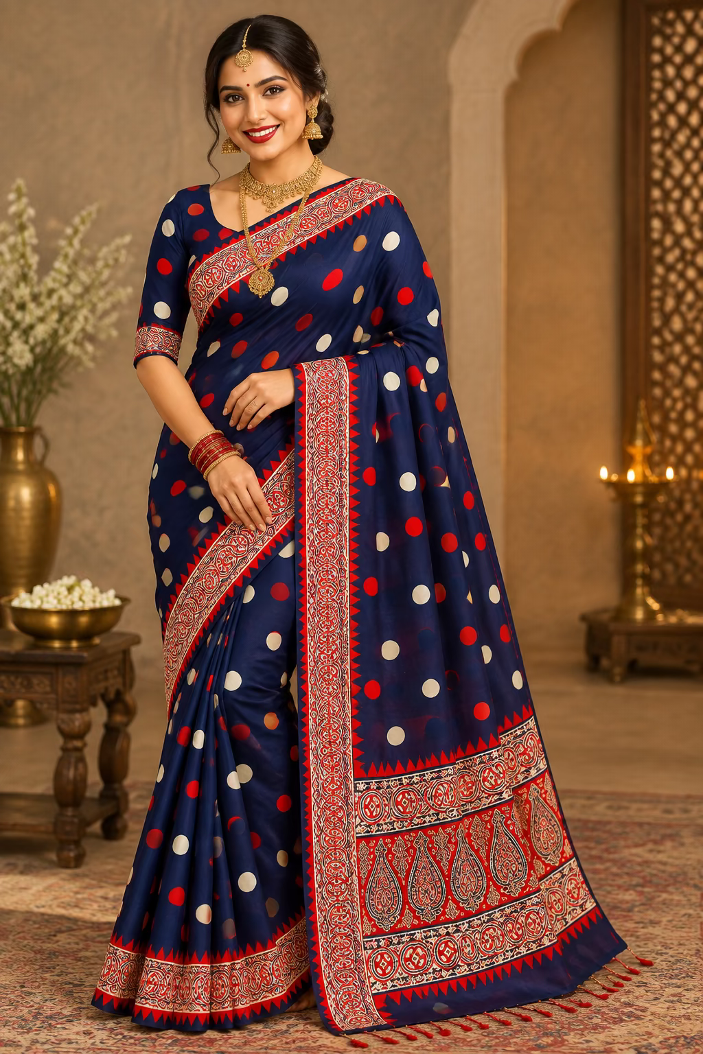 Blue Modal Silk sare polka dots