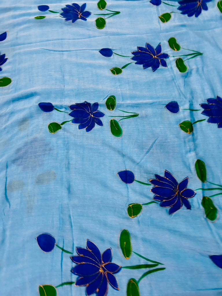 Blue  Mul Cotton Hand Painted Lotus Print Saree