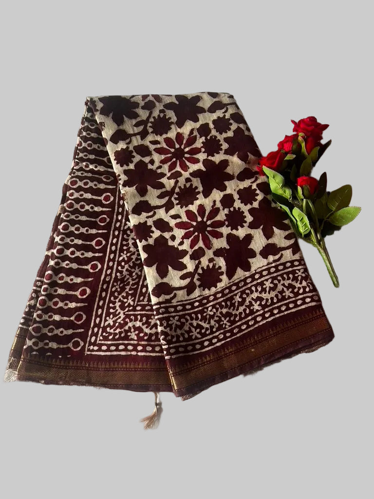 Brown Maheshwari Handblock Printed Cotton Silk Saree