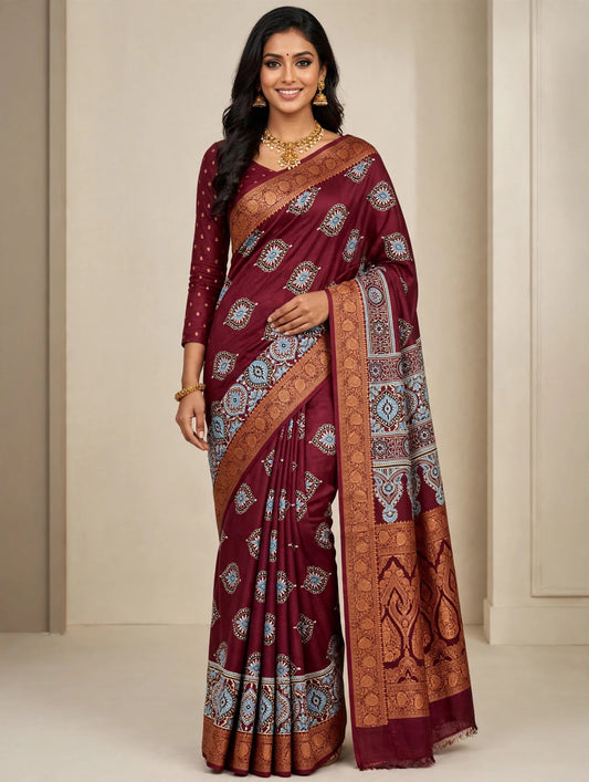 Maroon Ajrak Dola Silk Saree