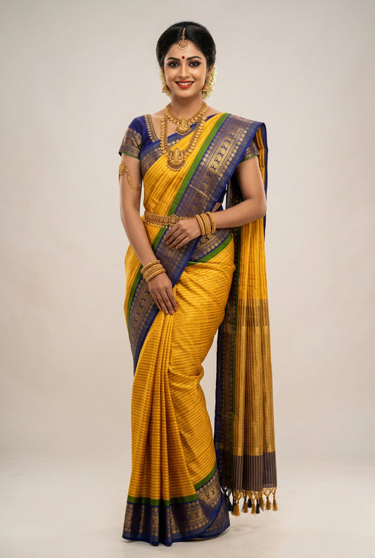 Yellow Mul Cotton Kanchi Border Sare