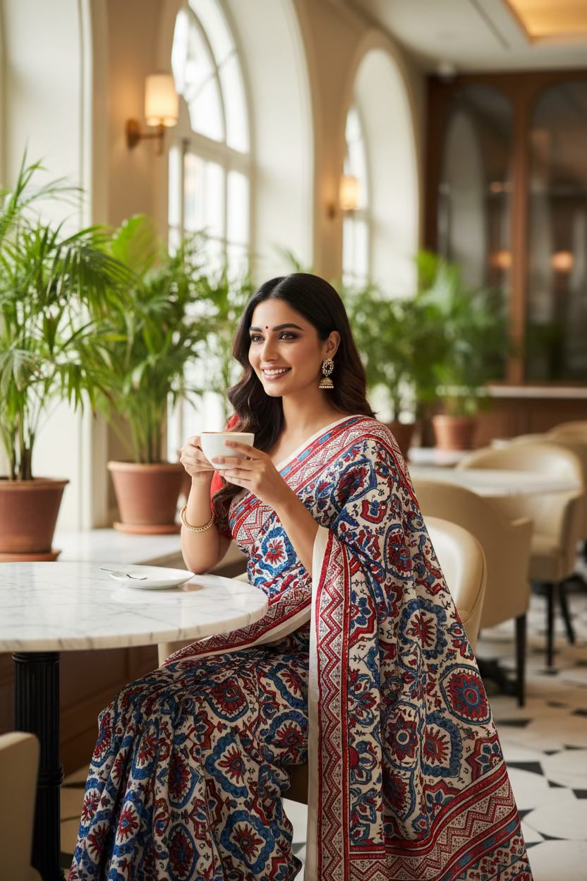 beige modal silk ajrak print saree