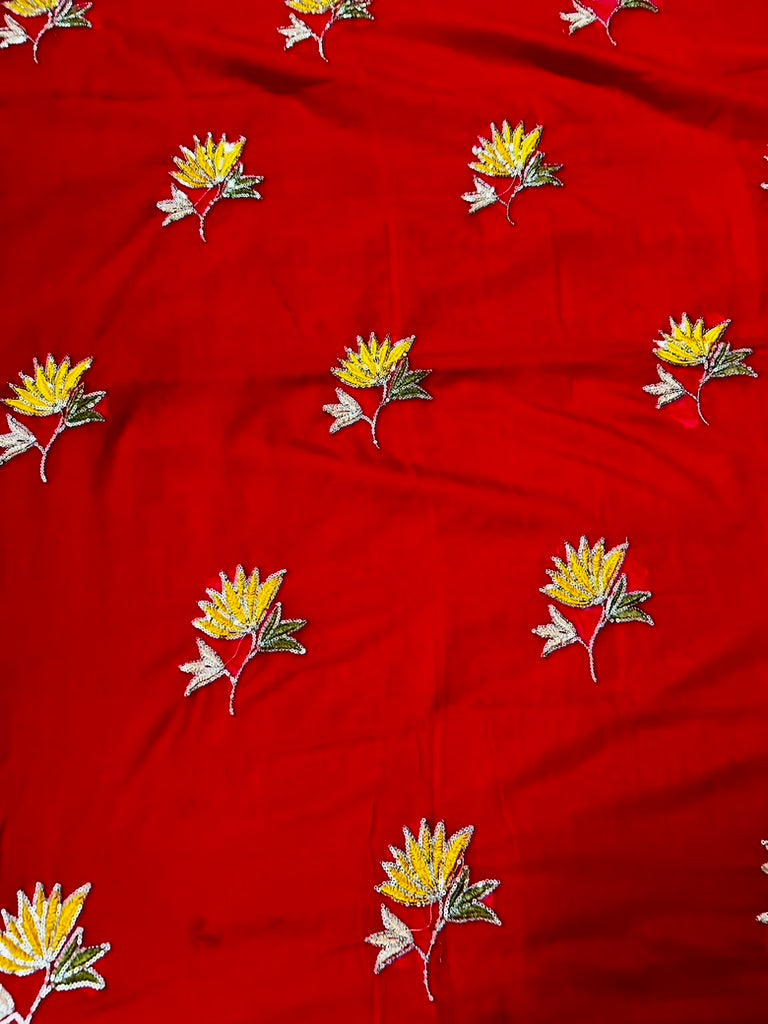 Red Mul Cotton Sare with Lotus Sequence Motive