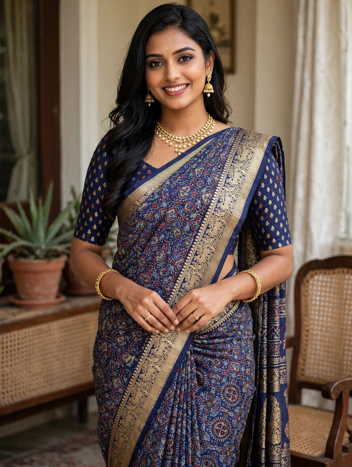 Blue Ajrak Dola Silk Saree