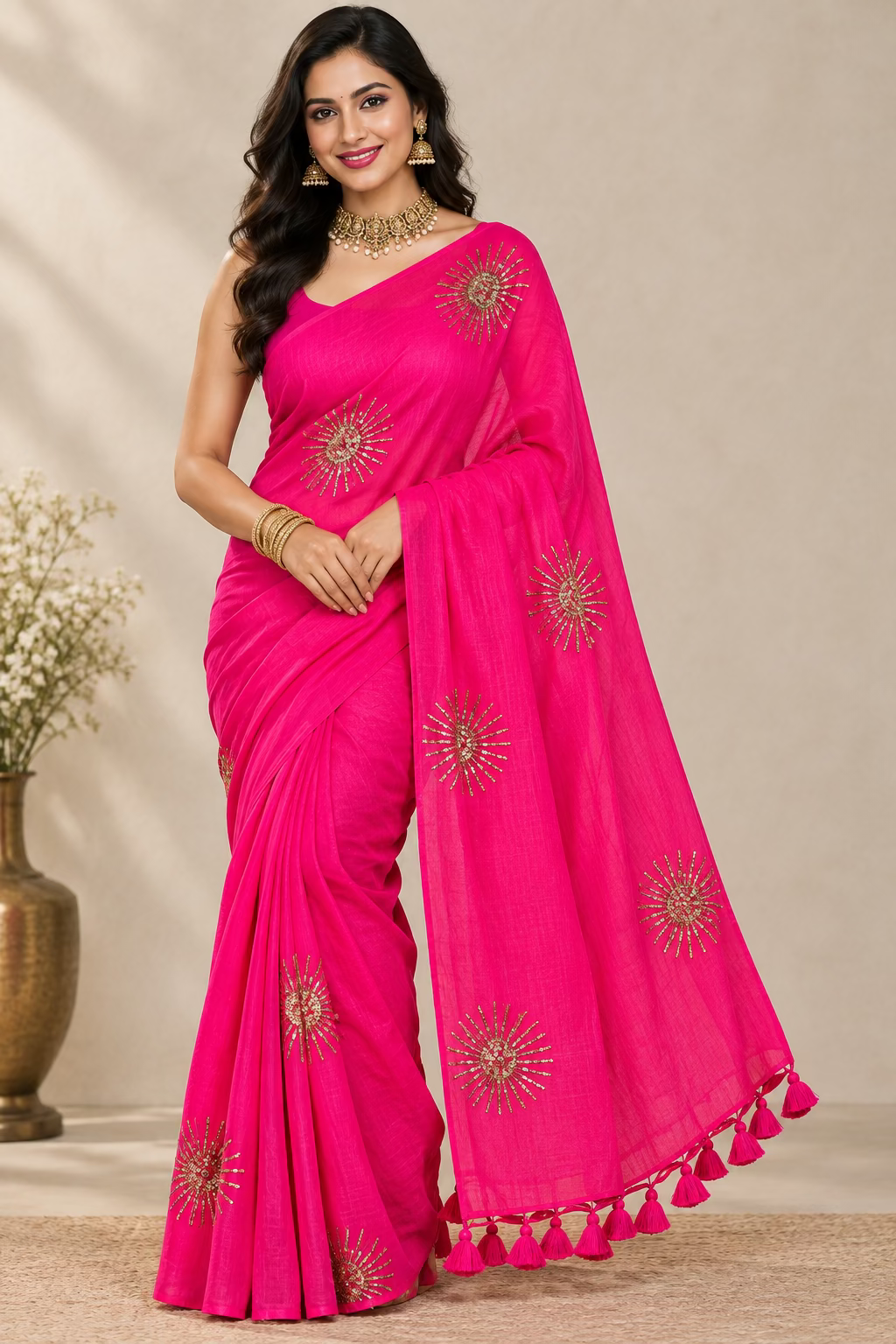 Pink  with Sequence Motive Mul Cotton Sare