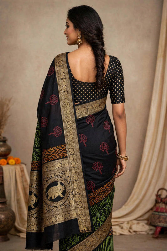 Blue Ajrak Dola Silk Saree