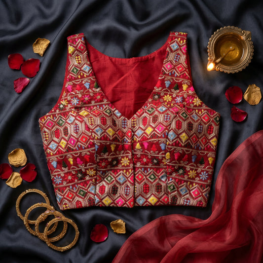 Red Embroidered Side Elastic Sleeveless Blouse