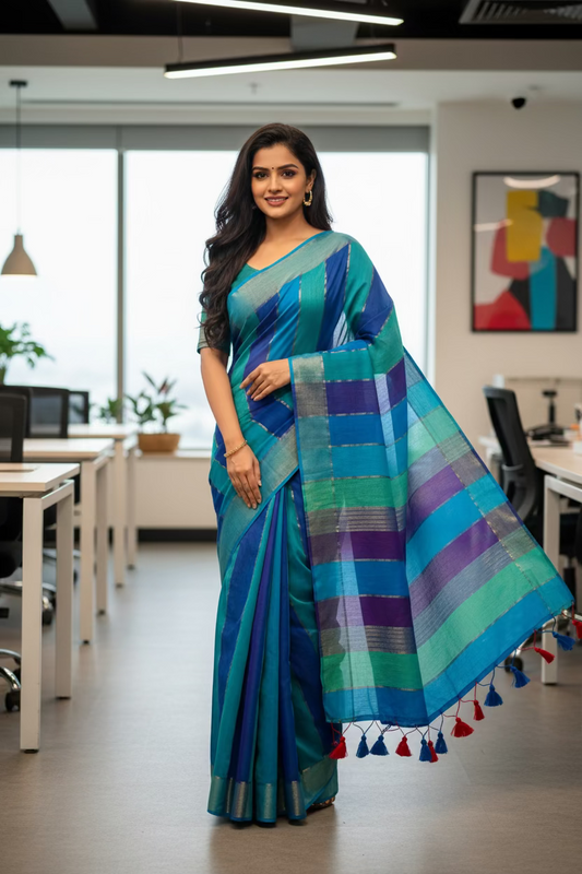 Blue Mul Cotton Rainbow Sari