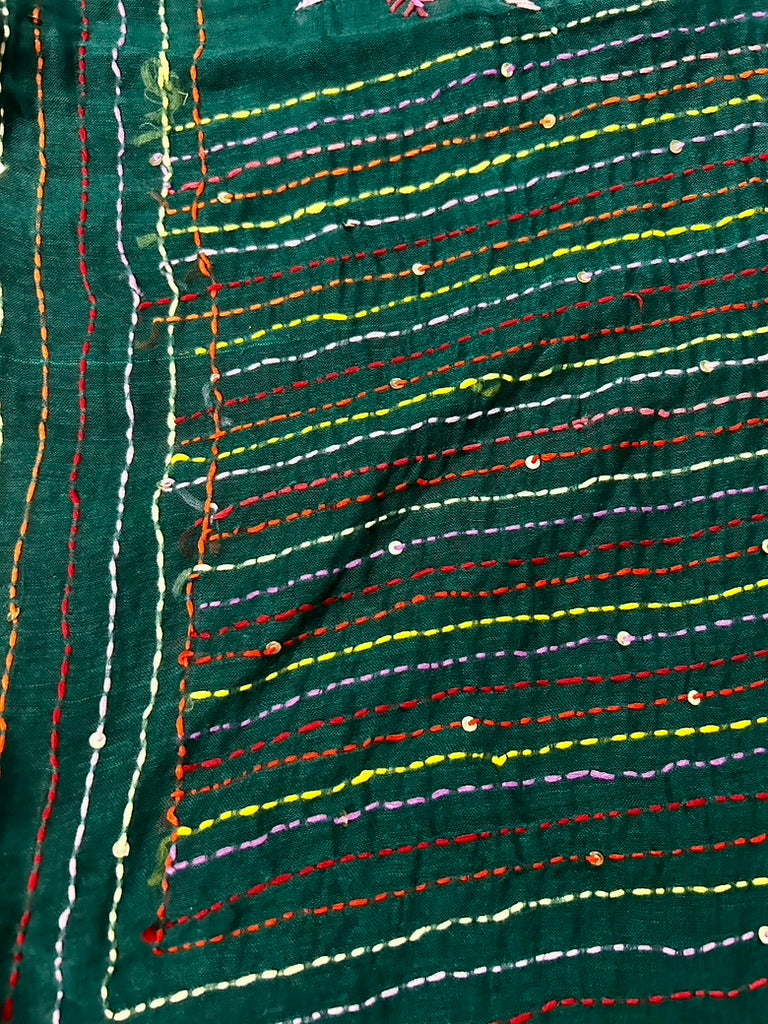 Green Mul Cotton Hand Embroidered Saree