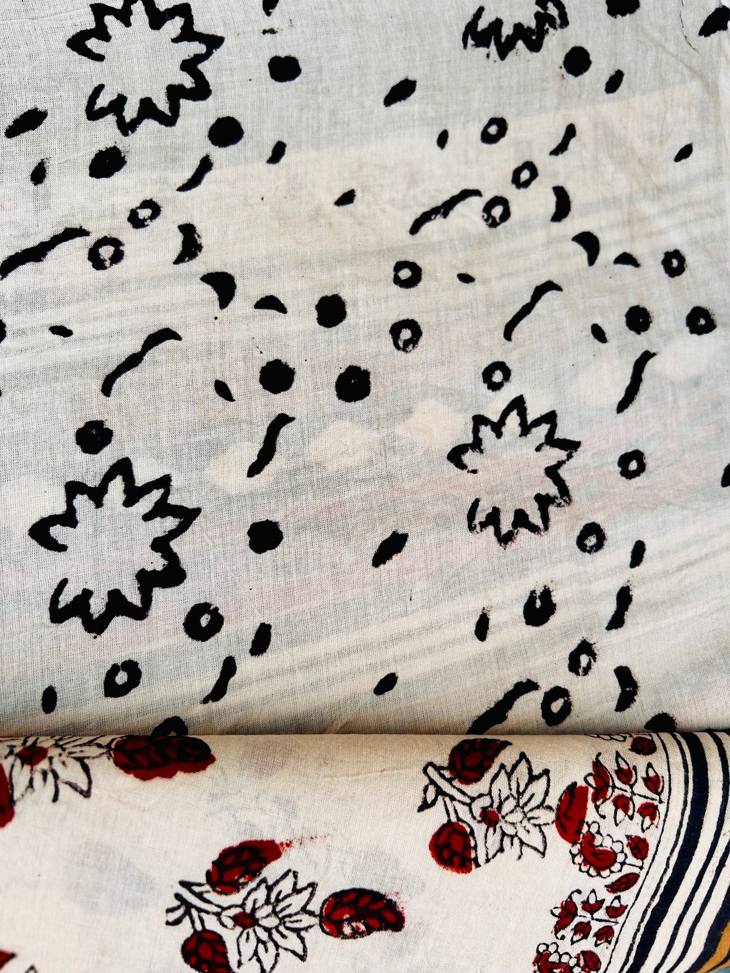 Beige small red floral printed cotton hand block printed saree