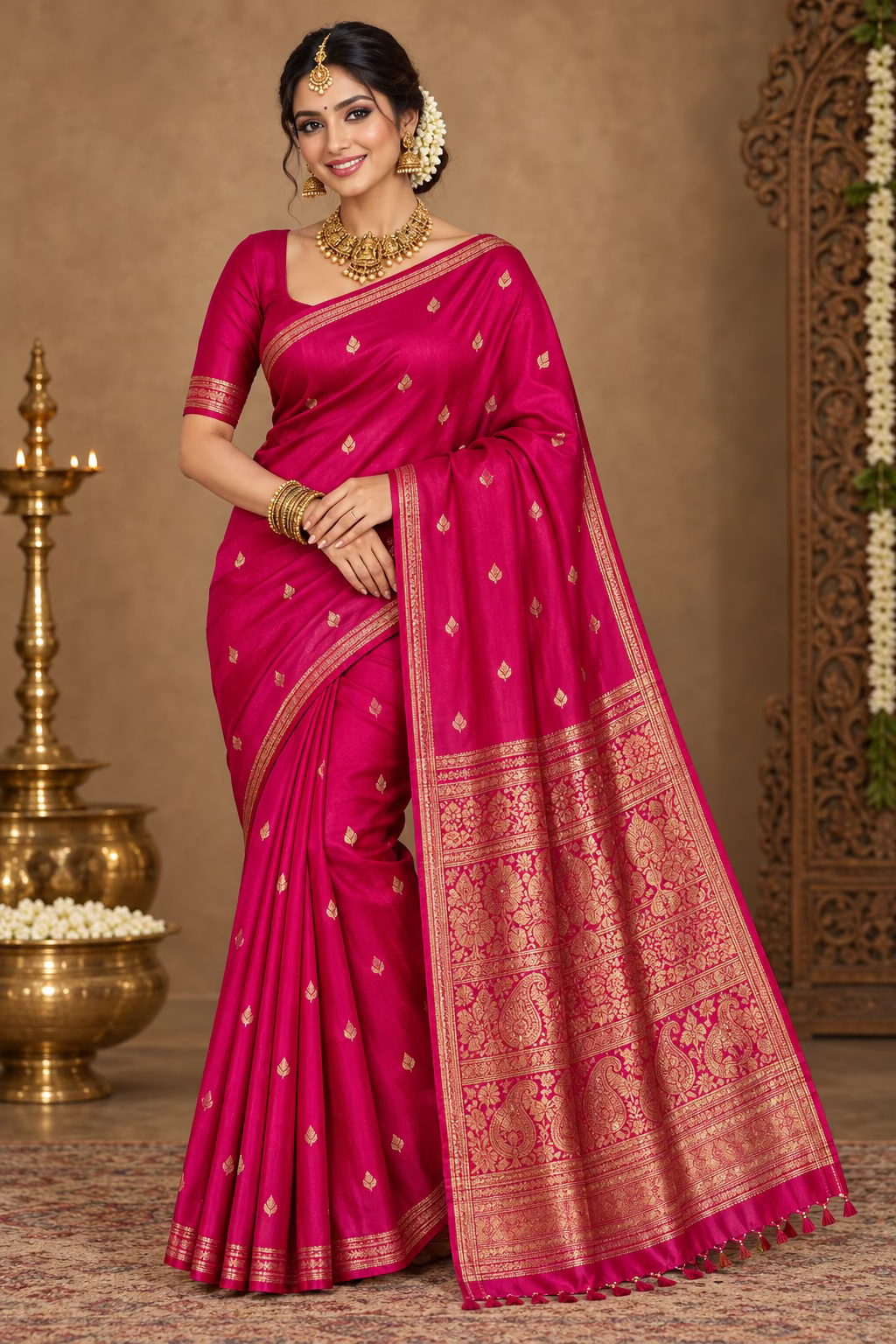 Magenta pink Gajji Silk Semi Silk Saree