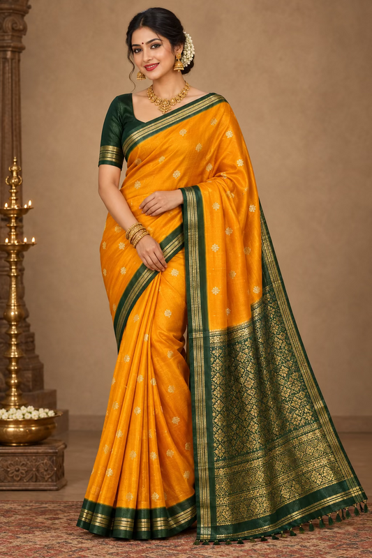 Mango Yellow Gajji Semi Silk Saree with line and buti with contrast border