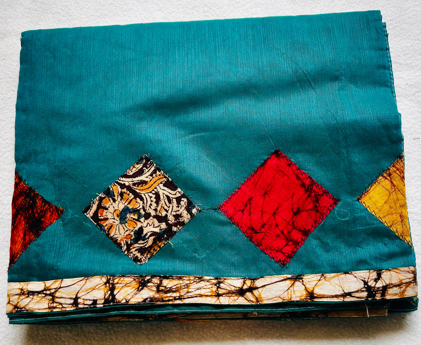 Teal blue patch work cotton seeko saree
