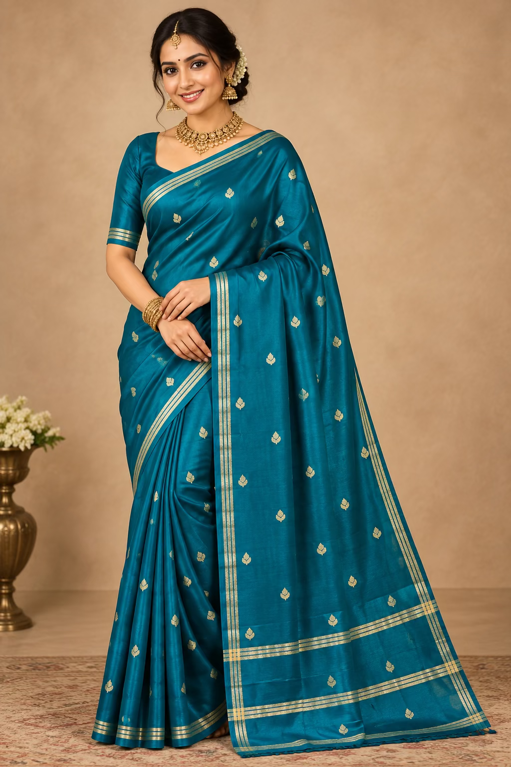 Teal blue Gajji Silk Semi Silk Saree