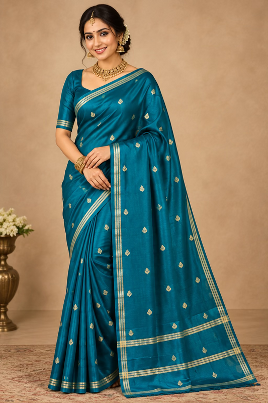 Teal blue Gajji Silk Semi Silk Saree