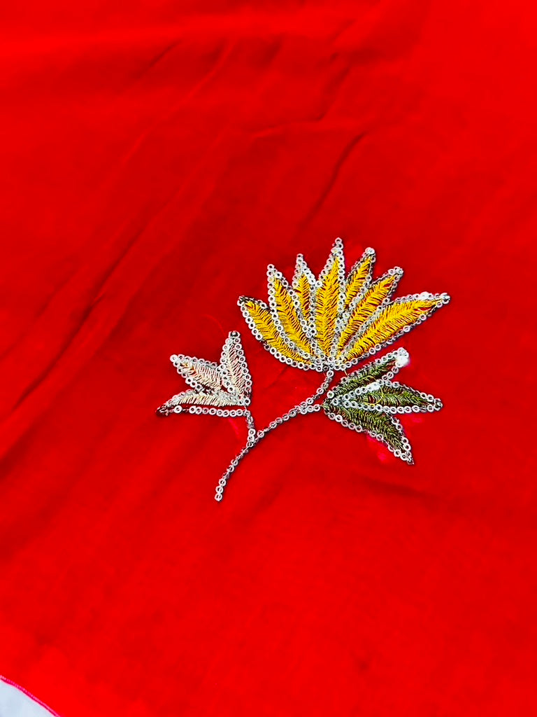 Red Mul Cotton Sare with Lotus Sequence Motive