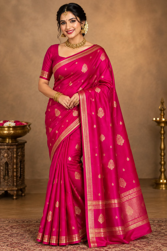 Pink Gajji Silk Semi Silk Saree with line and buti