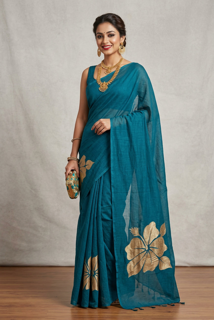 Teal Blue  Mul Cotton Hand Painted Hibiscus Print Sare