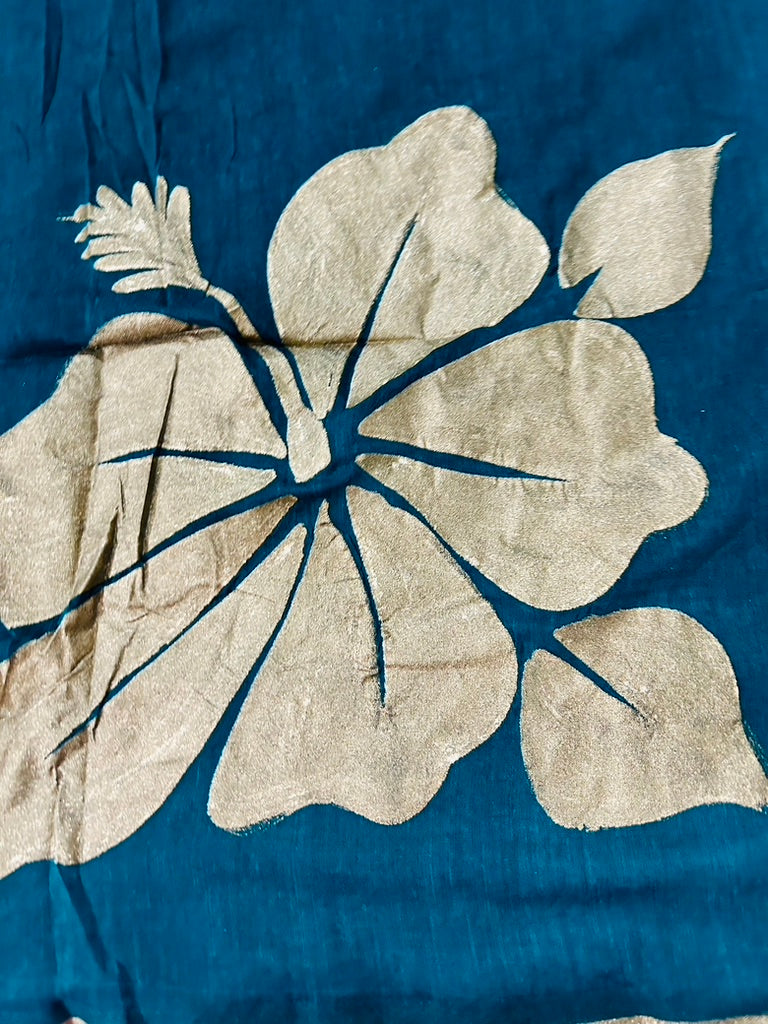 Teal Blue  Mul Cotton Hand Painted Hibiscus Print Sare