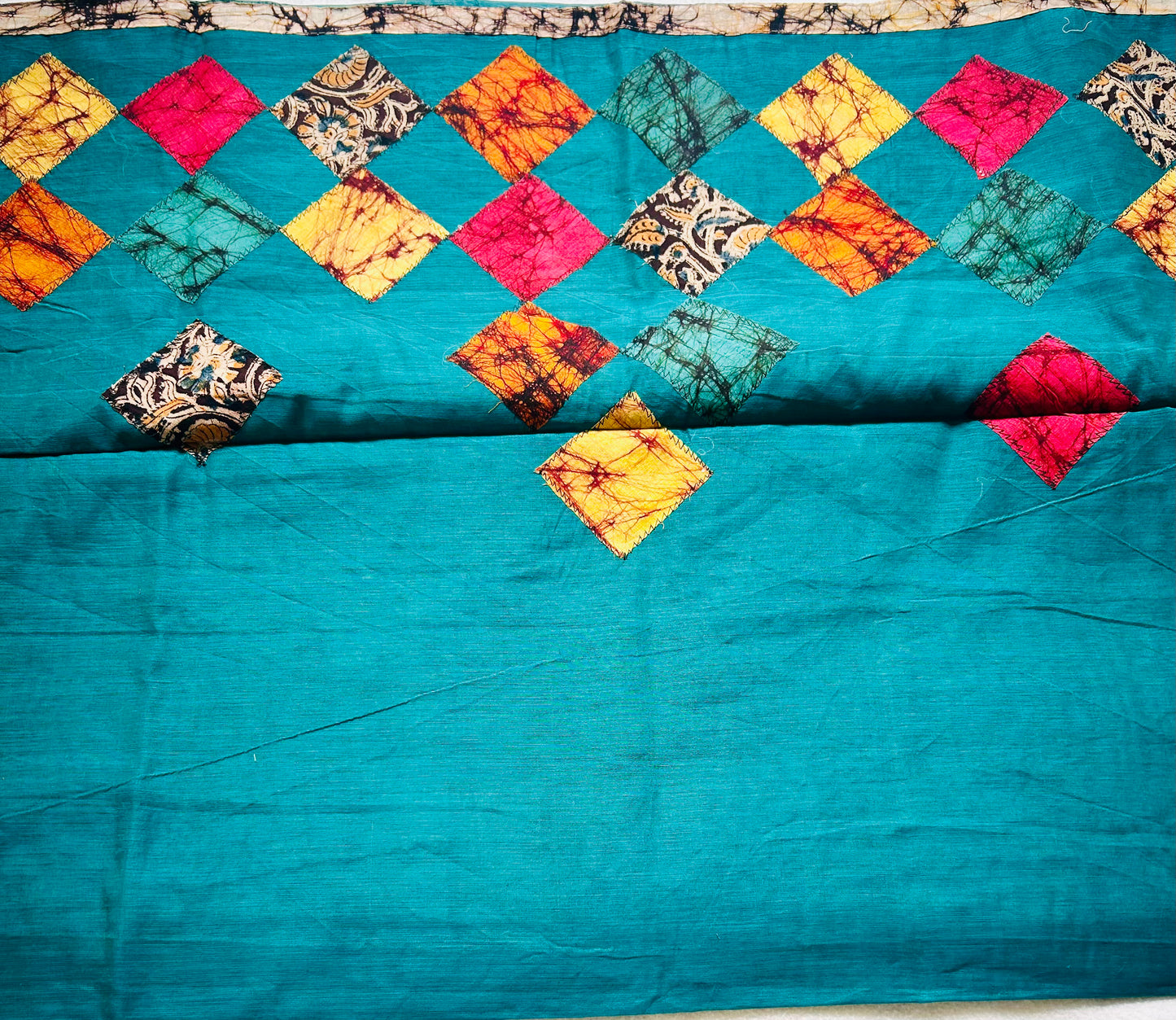 Teal blue patch work cotton seeko saree